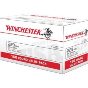 Winchester USA .223 Remington 55gr. 150 Round Value Pack Features: Winchester USA .223 Remington 150 round value pack is a great choice for training or target shooting. This reliable brass cased ammo features reliable Winchester priming and powders, and a full metal jacket bullet for positive feeding, great accuracy and reduced fouling. Winchester .223 Specifications: Brand Winchester Ammo Category Centerfire Rifle Rounds Caliber 223 Remington / 5.56 NATO Model Best Value Series FMJ Value Pack Bullet Weight 55 GR Rounds Per Box 150 Casing Material Brass Application Target / Competition Boxes Per Case 4 Bullet Type Full Metal Jacket Muzzle Energy 1282 ft lbs Muzzle Velocity 3240 fps